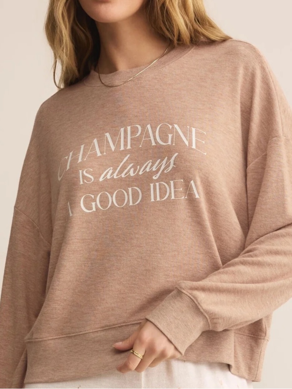 Z Supply champagne is always a good idea Graphic Long-Sleeve Top - Beige